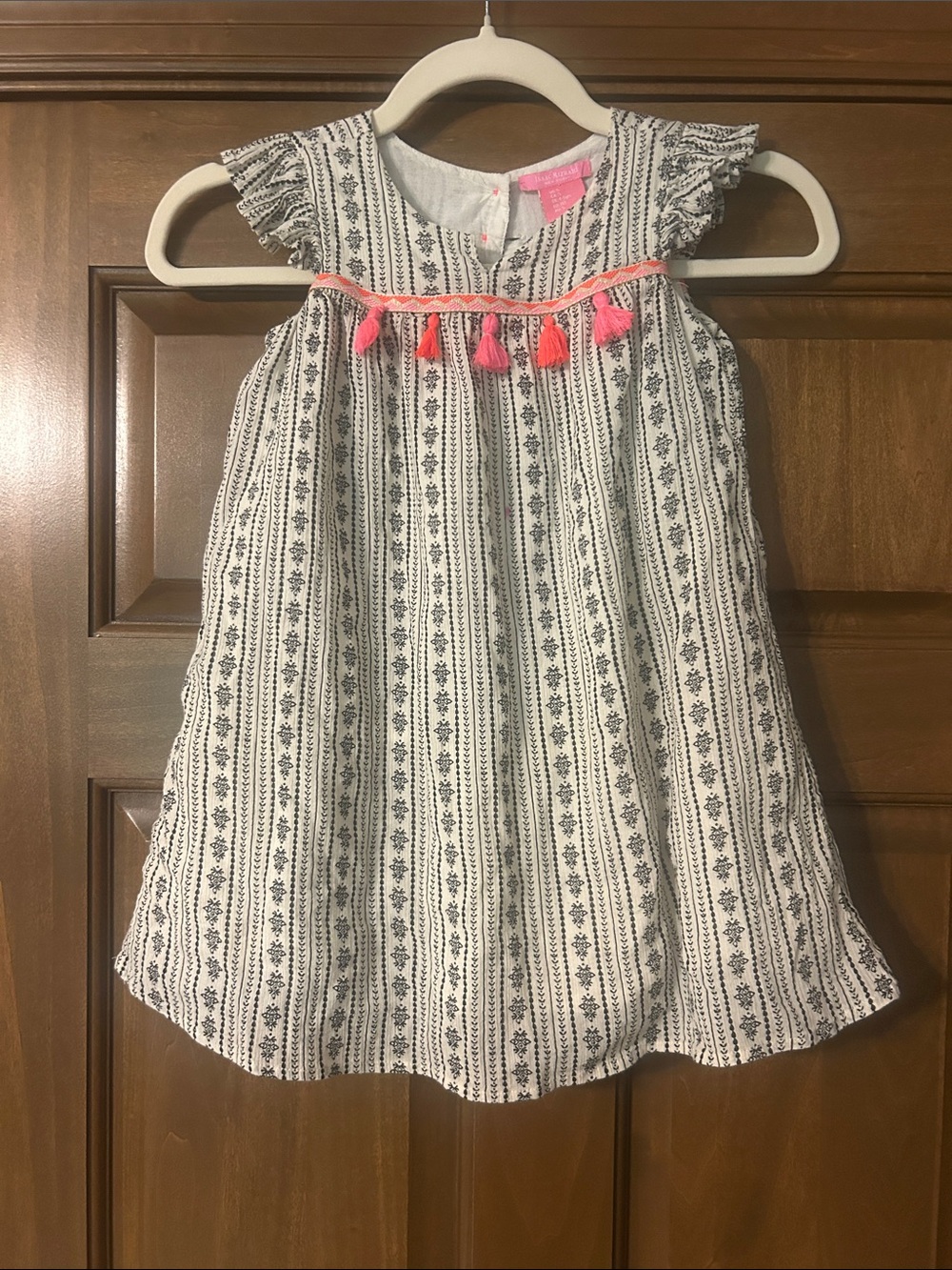 Isaac Mizrahi White Dress with Navy Stripe and Pink Tassels